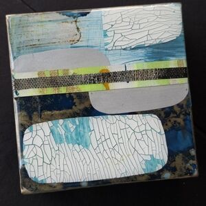 SOLD -ORIGINAL Modern Resin Collage Wall/Shelf Art, Abstract, Blues,Gold, Silver